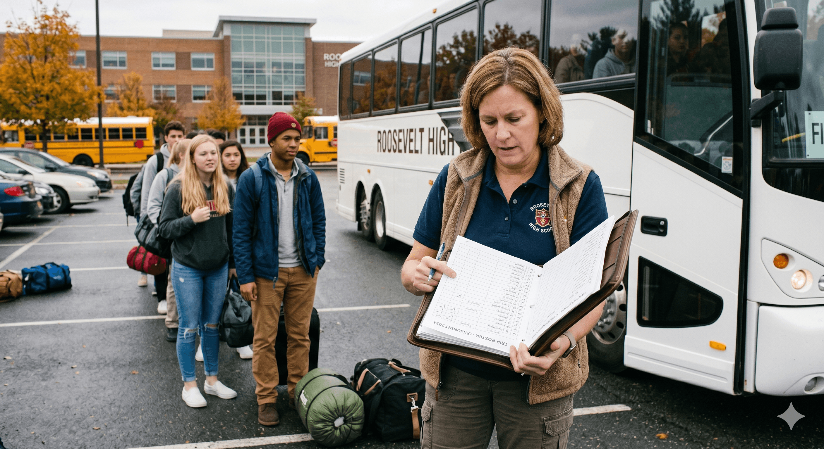 Trip leader at work with a clipboard, a walkie, and a bus in the background